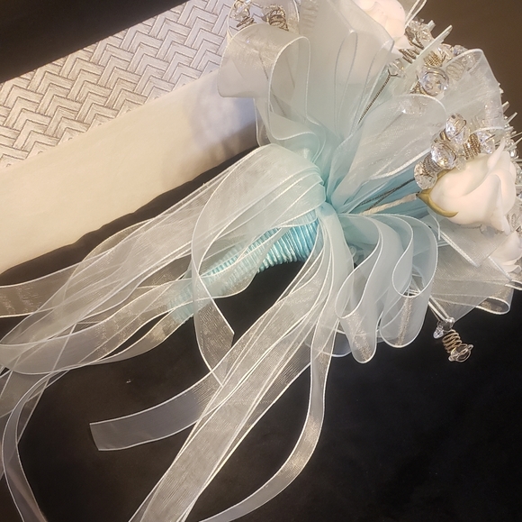 Bouquet of Porcelain White Roses, Crystals and Sky Blue Ribbons. - Picture 3 of 5